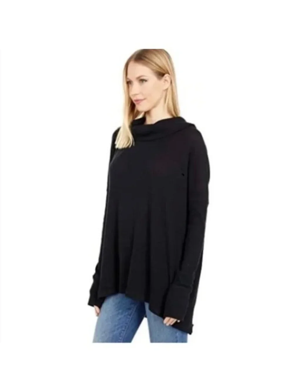 Free People Coastal Boho Beachy Oversized‎ Waffle Knit Top Split Back Blk M NWT